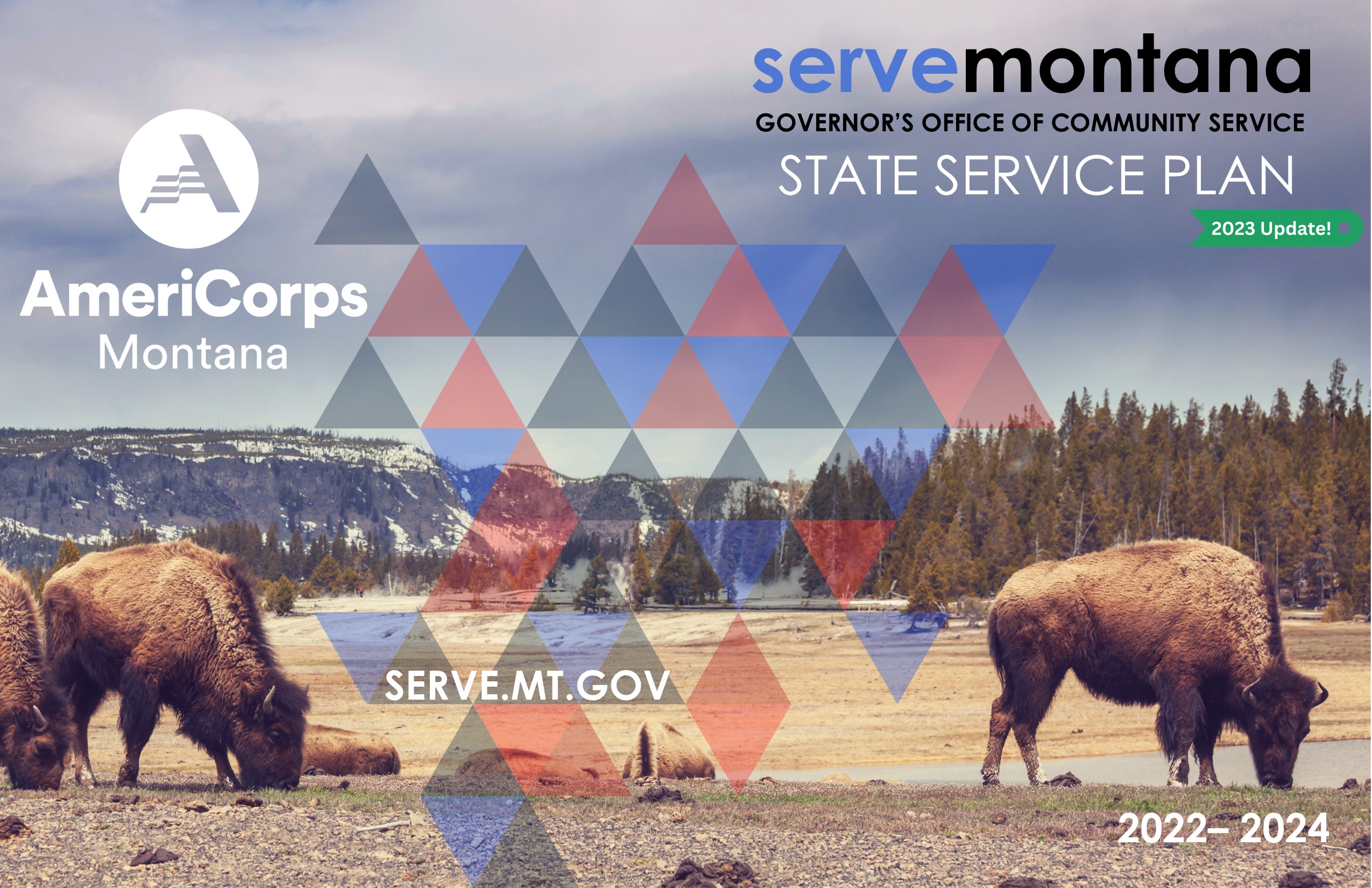 An image of bison grazing with the title State Service Plan 2023 Update and the AmeriCorps Logo and the ServeMontana Logo.