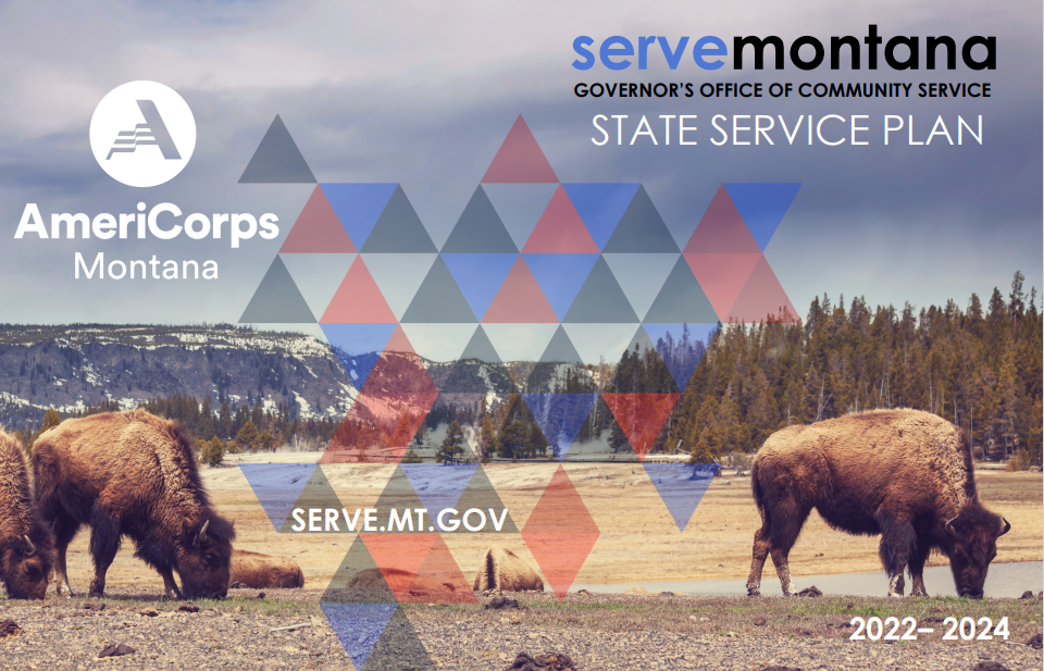 An image of bison grazing with the title State Service Plane and the AmeriCorps Logo and the ServeMontana Logo.