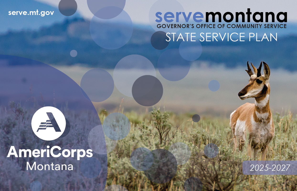 An image of a pronghorn with the title State Service Plan 2025-2027 and the AmeriCorps Logo and the ServeMontana Logo.